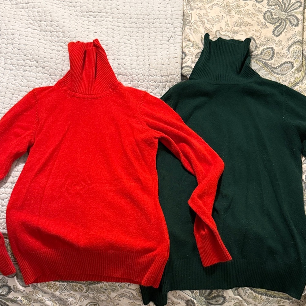French Connection Red and Dark Green turtlenecks